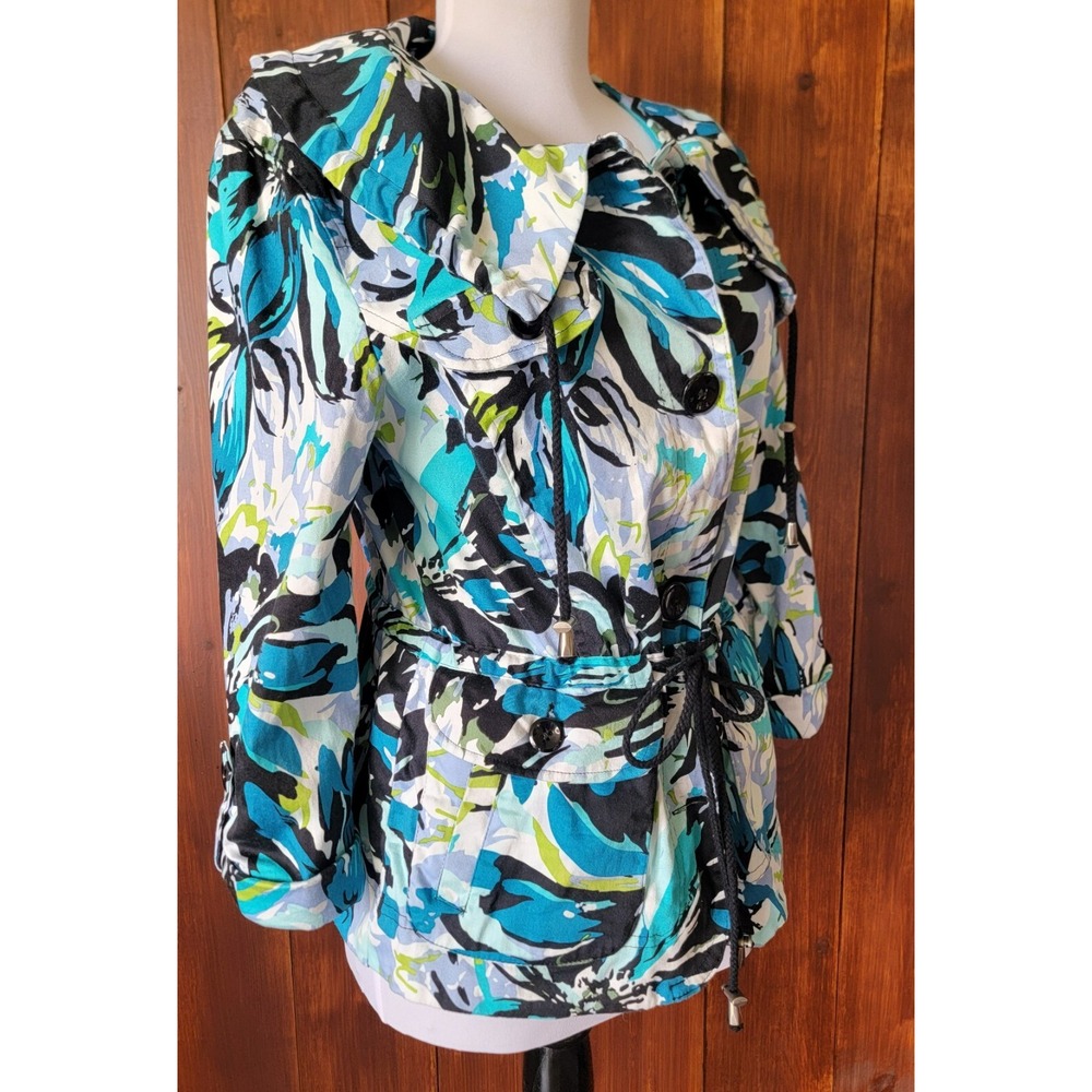 Notations Women S Blue Abstract Floral Jacket Button Front Cotton Stretch Tie